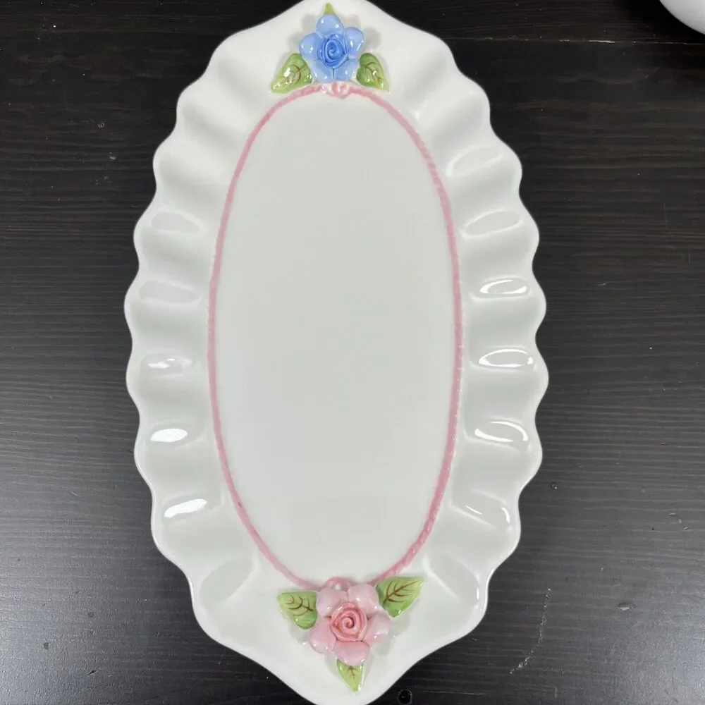 VintageVictorian‎ Capodimonte Blue/pink Rose Hankook Bone China Sugar Bowls Tray